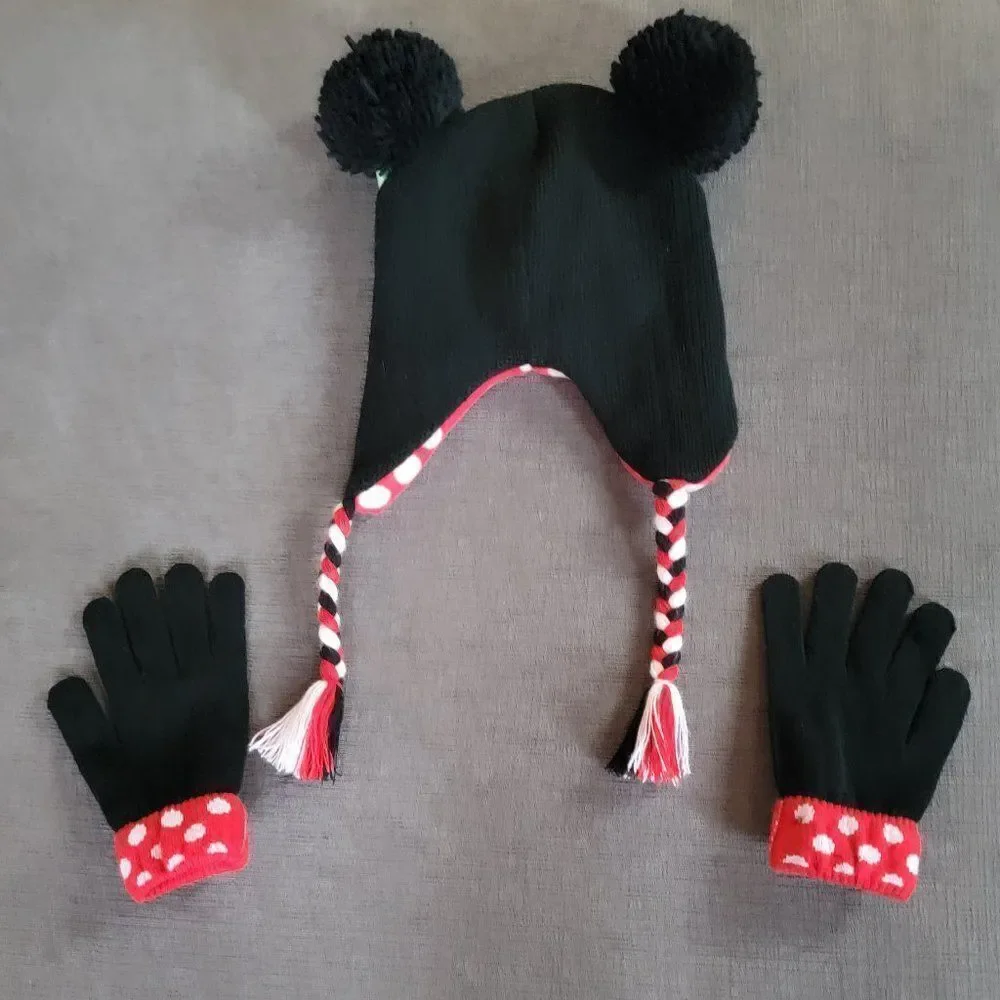 Disney Kid's Girl Red & Black Christmas Cold Weather Minnie Mouse Hat & …